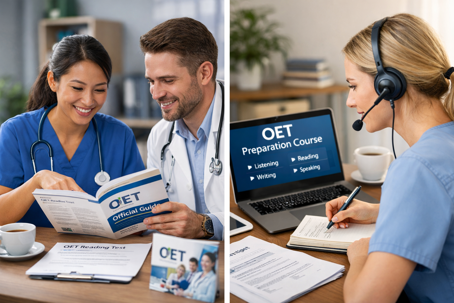 Nurse and doctor studying together using OET exam preparation materials in a professional healthcare setting.